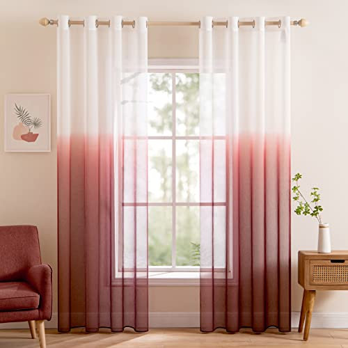 MIULEE Gardinen Transparent Vorhänge Farbverlauf Voile Sheer 2er Set Vorhang mit Ösen Dekoschal Fensterschal für Schlafzimmer und Wohnzimmer 245 cm x 140 cm(H x B) Weiß Rotbraun