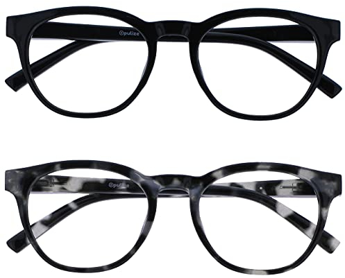 OPULIZE Blu-Lesebrille Blaulichtfilter 2er Pack Cool Rund Rahmen Federscharniere Verbessern Den Schlaf Computer Gaming Entspiegelt Schwarz Schildpatt Herren Damen BB5-1W +1.50