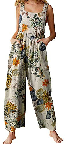 Acrawnni Women's Dungarees Vintage Floral Printed Loose Casual Baggy Sleeveless Overall Long Jumpsuit Playsuit Trousers Pants Romper