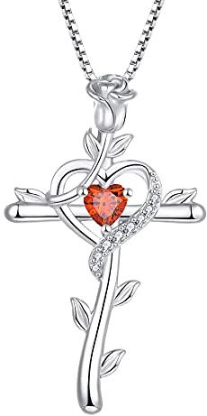 starchenie Kreuz Halskette Damen 925 Sterling Silber Herz Granat Zirkonia Rose Kruzifix Anhänger Schmuck Geschenke für Frauen Mama Freundin