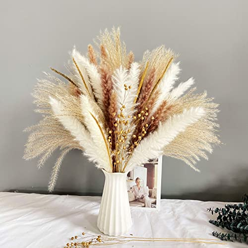 90 Stück Natürliche Pampasgras Getrocknet Boho Trockenblumen Deko Phragmites Blumen Trockenblumen Sträußchen Vasen Deko für Wohnzimmer, Flur, Schlafzimmer, Hochzeit Decor
