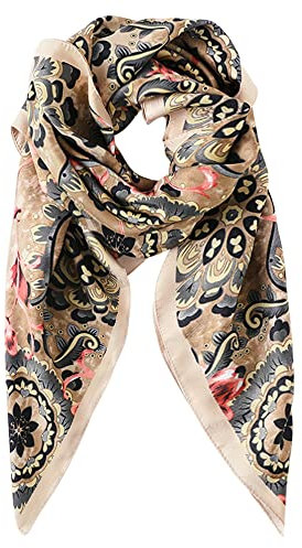 Femme Fille Foulard Carrée en Soie Synthétique Foulard à Cheveux Ceinture Doux Lisse Foulards Élégants pour Femmes 90×90cm - Doux Motif Floral Gris & Kaki & Rose