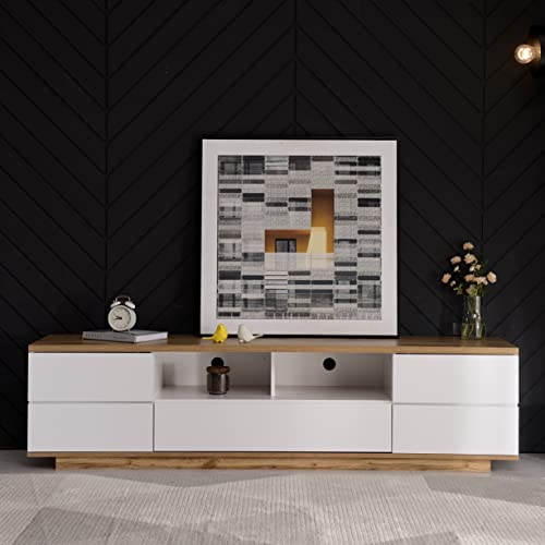 LERFAN Mueble de TV con acabado brillante, con vetas de madera, 180 x 38 x 46 cm, diseño de rejilla a juego y asa oculta, 8 compartimentos, gran espacio de almacenamiento, color blanco y madera