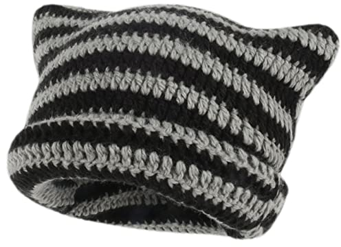 Damen Winter Katzenohren Hüte Weich Slouchy Gestreifte Strickmütze Trendy Warm Häkeln Geflochten Beanie Mütze für Frauen Mädchen Damen Winter (Schwarz-grau)