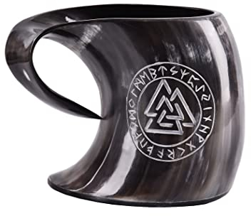 Battle-Merchant | Hochwertiger Wikinger Bierkrug aus Horn mit Valknut Motiv | Hornkrug Graviert | Mittelalterlicher Met-Krug bis zu 800ml