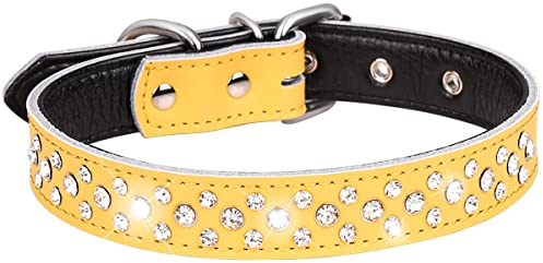 Serijoars Strass Hundehalsband für Kleine Mittlere Große Hunde, Einstellbar Glitzernd Kristall Weich Echtes Leder Bling Hundehalsbänder (L, Gelb)