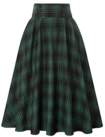 Damen Midi Tartan Rock Hohe Taille Plaid Vintage A Line Rock Vier Jahreszeiten, Grün , Groß