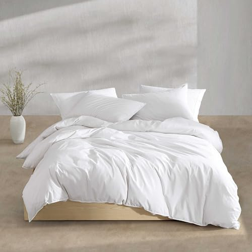 Calvin Klein Queen-Bettwäsche-Set, Gewaschene Baumwoll-Perkal-Bettwäsche, luxuriös weiche Heimdekoration (gewaschenes Perkal-Weiß, Queen-Size-Bett)