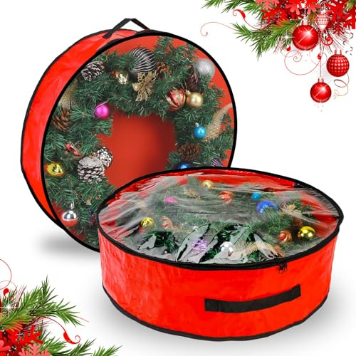 2 Pack Christmas Wreath Storage Container - 36 Inch, Garland Storage, Christmas Large Wreath Storage Container Cover, Durable Tarp Material, Dual Zipper Storage Bag for Xmas Holiday, Red