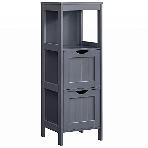 VASAGLE Chest Corner Bedside Table Medicine Cabinet Shelf Storage for Bathroom Wooden 1 Open Compartment 2 Drawers Feet Country House Style, Engineered Wood, Slate Grey, 30 x 30 x 89 cm