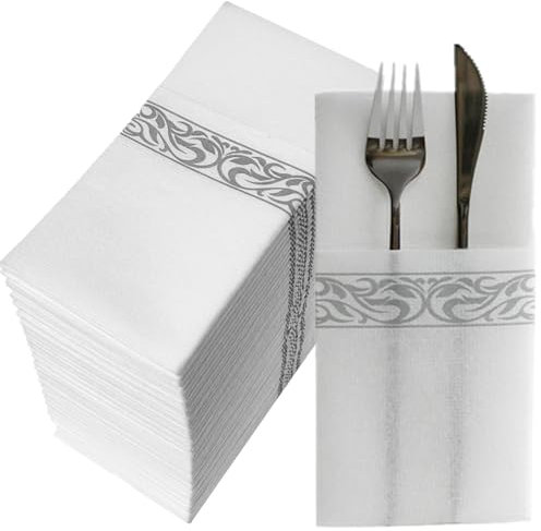 CHEERDO Lot de 50 serviettes jetables en tissu - Poche intégrée pour couverts - Pour fête de mariage - Blanc au toucher lin - Pré-pliées pour couverts (Gris 50)