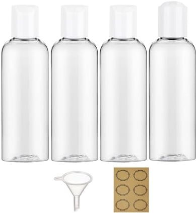 Apstaqeoo 4PCS 150ML Plastic Bottles with White Disc Top Flip Cap Empty Squeeze Bottles Clear Refillable Travel Container Dispenser with Funnel Label for Liquid Lotion Shampoo Toiletries Cosmetic