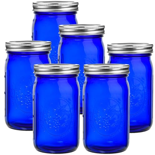 eleganttime Blue Mason Jars Wide Mouth,6 Pack Cobalt Blue Colored Mason Jars 32 oz for Canning, Pickling, Storage, DIY Crafts & Décor