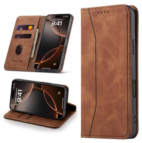 Leaisan Handyhülle für iPhone 16 Pro Max Hülle Premium Leder Flip Klapphülle Stoßfeste Magnetische [Standfunktion] [Kartenfächern] Schutzhülle für iPhone 16 Pro Max Tasche - Braun