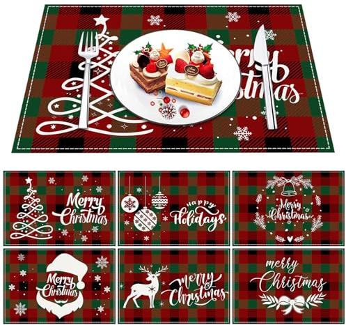 Lvjkes 6 Stück Platzset Weihnachten, 30 x 45 cm Tischsets Abwaschbar | Handgenähte bedruckte Tischsets, Rutschfeste Tischsets Platzsets aus Leinen, Geeignet für Küche, Wohnzimmer, Esszimmer, Bar