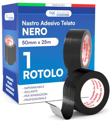 DNK TRADE Nastro Adesivo Telato Americano 50mm x 25m Colore Nero Isolante e Impermeabile per Riparazioni Professionali e Fai da Te Aderenza Multisuperficie Metallo Plastica e Legno - 1 Rotolo