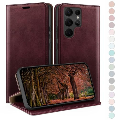 HUOUH für Samsung Galaxy S23 Ultra Hülle mit RFID Schutzhülle aus Lederhülle Handyhülle,Kartenfach Leder ständer Handy hülle,360 Grad Schutz Cover für Samsung S23 Ultra Klapphülle Wallet Case Rotwein