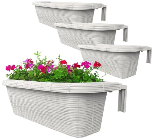 GarPet 4X Blumenkasten Balkongeländer Balkon Blumenkasten Balkonkasten mit Halterung Geländerkasten mit Wasserspeicher Rattan Optik Weiß 60 cm