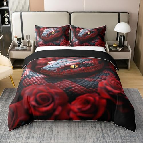 3D Schlange 100% Natürliche Baumwolle Bettbezug 135x200,Reptil Black Red Snake Tröster Abdeckung für Rote Rose Bettwäsche Set,Safari Wildlife Druck Bett Set,Blume Botanische Bettbezug