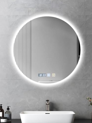Badspiegel mit Beleuchtung,60x60cm Runder Spiegel mit Licht,Badezimmerspiegel mit Beleuchtung und Entfoggen,Badezimmer Spiegel mit Speicherfunktion,Uhr,Touch-Schalter,Dimmbar,3 Lichtfarbe