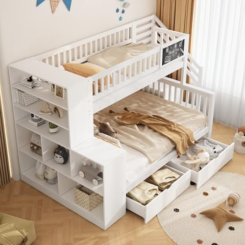 Dolamaní Etagenbett 2 Kinder Bett 90x200 cm & 140x200 cm mit Regalschrank und Stauraum Treppe, Graffiti-Brett & Schubladen & Rausfallschutz, ohne Matratze, Weiß