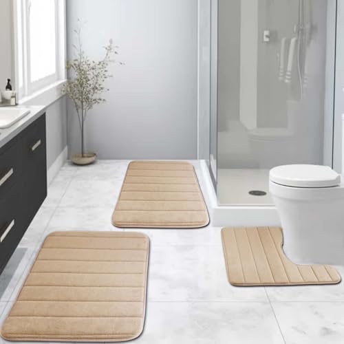 NAKIHOUSE Badematten-Set, Memory-Schaum, 3-teilig, saugfähig, wasserabweisend, rutschfest, Beige, 40 x 60 + U50 x 50 + 50 x 80 cm