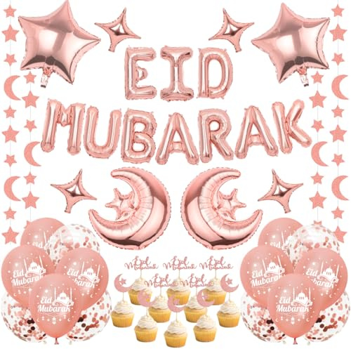 EID Mubarak Dekoration, Eid Mubarak Folienballon Girlande, Luftballons Roségold Confetti, Mond Stern Folienballon, Cake Topper, Ramadan Deko für Islam Eid Partyzubehör