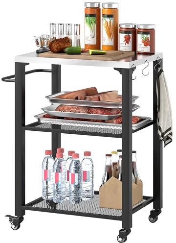Outsunny Carrito de Parrilla de Tres estantes para Exteriores con Parte Superior de Acero Inoxidable, Isla de Cocina al Aire Libre con 4 Ruedas, 3 Ganchos, Mesa de Horno de Pizza móvil para Cocina