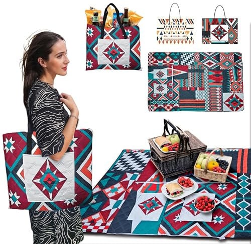 Inqzen Picknickdecke, Handtasche/Picknickmatte 2-in-1, Wasserdicht, Extra Komfort, Tragbar und Leichtgewicht, Picknicks, Camping, Spielplätze, Freibäder, Maschinenwaschbar (150x200 cm, Bordeauxrot)