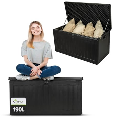 Grindi- Aufbewahrungsbox mit Deckel - Auflagenbox Morus - Gartenbox - Kissenbox 190 L - Outdoor Schrank - Paketbox - Sitzbank mit Stauraum - Gartenhaus - Geräteschuppen - Truhe mit Deckel