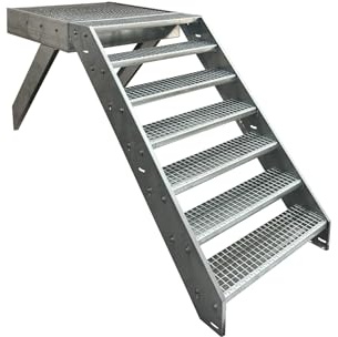 Kaminbau Mierzwa Premium Stahl Wangentreppe 7 Stufen Höhe 133 cm inklusive Podest 100x100cm mit oder ohne Geländer komplett verzinkt Wetterfest Gitterroststufe Gartentreppe (ohne Geländer Vorne)