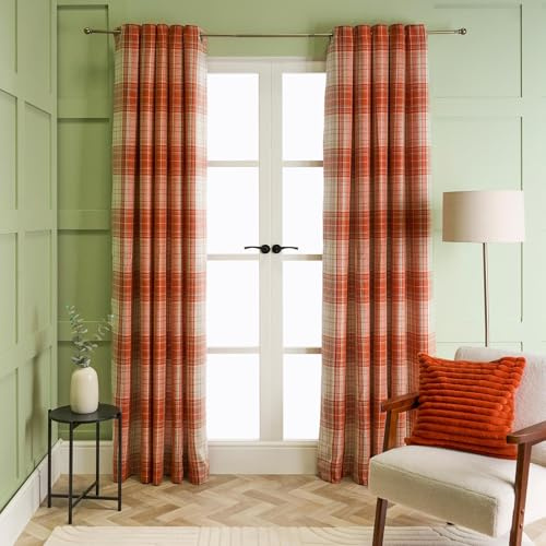 OHS Thermal Insulated Curtains for Bedroom, Fully Lined Blackout Curtains for Living Room Soft Decorative Winsford Woven Check Curtain 2 Panels, Rust/Natural - 90 x 90