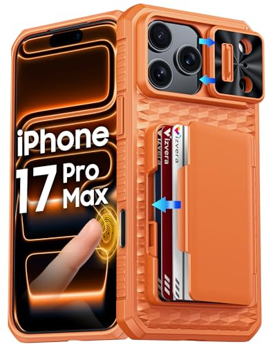 Vizvera for iPhone 17 Pro Max Case Wallet, with RFID Card Holder, Slide Camera Cover, Kickstand, Silicone Edge Military Drop Protection Rugged Shockproof Case for iPhone 17 Pro Max 6.9 2025,Orange