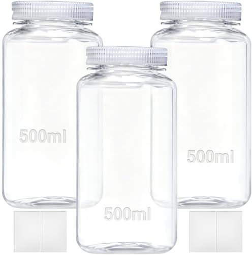 qjuwhua 3 Stück Weithalsflasche 500ml Laborflasche Leere Plastikflasche zum befüllen Kleine Kunststoff Flasche Auslaufsicher Durchsichtig mit Breiter Öffnung für Pillenflaschen Wasser probenflaschen