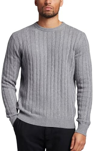 Mens Cable Knit Crew Neck Jumper Warm Weave Pullover Winter Fisherman Knitted Sweater Long Sleeve M to 2XL, Grey, L