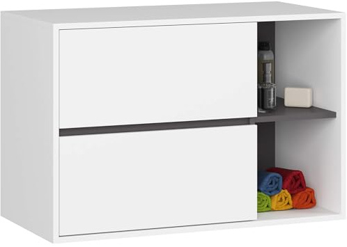 AKORD Hängender Waschbeckenunterschrank VAMI 90 cm - 2 Schubladen - Waschtischunterschrank für Aufsatzwaschbecken, Offene Fächer - Badezimmer Schrank - B90xH60xT45,5 cm - Weiß & Graphitgrau