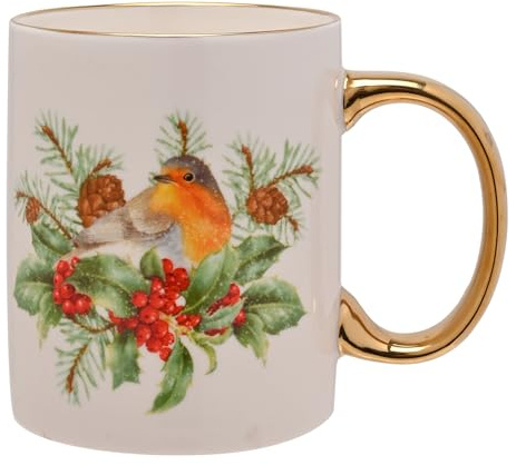 Widdop Fine China Robin Christmas Mug with Gold Handle – Festive Winter Bird Cup with Holly & Pinecone Design – Seasonal Drinkware & Gift Idea | Festive Winter Bird Cup with Holly & Pinecone Design – Seasonal Drinkware & Gift Idea