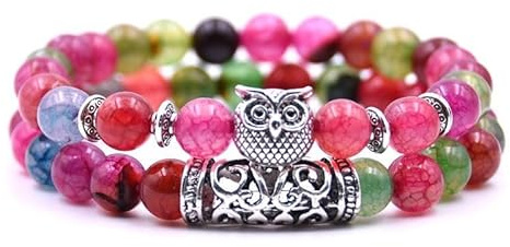 Naturstein-Perlen bunter Stein Eulen-Achat doppelsträngiger elastischer Schnur Armreif - Retro & einzigartiges Armband, Mittelgroße, Stein, Nein