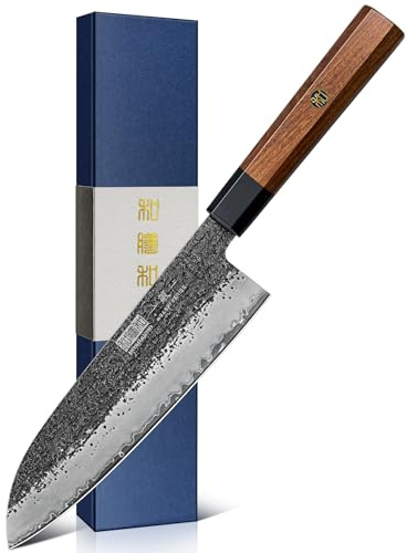 HOSHANHO Santoku Messer 18cm, Scharfes Japanisches Kochmesser Küchenmesser | Ultrascharfes Handgeschmiedetes Kochmesser für die Küche aus Kohlenstoffstahl mit Achteckigem Rosenholzgriff