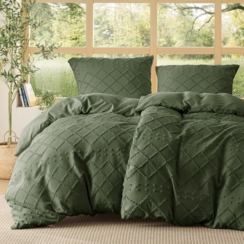 BEDSURE Olivengrün Boho Bettwäsche 4tlg - 135x200 cm | Weiche Mikrofaser, atmungsaktiv. 8 Eckbänder, Reißverschluss. OEKO-TEX. Pflegeleicht. 4tlg: 1 Bezug 135x200 + 2 Kissen 80x80.