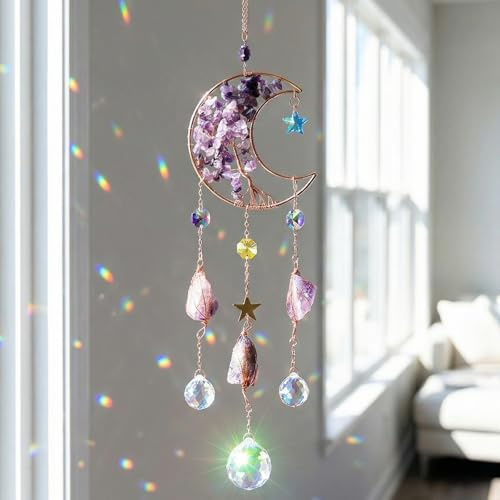 Atrapasoles Cristal Colgante 40cm, Luna y Estrella, Bola de Cristal, Cristales para Colgar, Campana de Viento para Casa Jardín Oficina Ventanas Campanas Coche Fiesta Boda Decoración, Regalos Mujeres