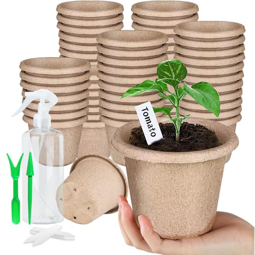 IGKYIVO 50 Stück Anzuchttöpfe 11cm Biologisch Abbaubare Töpfe Torftöpfe Anzucht Saatgut Töpfe mit 100pcs Kunststoffetiketten 1pcs Sprühflasche für Pflanzenanzucht Samen Blumen Obst Gemüse