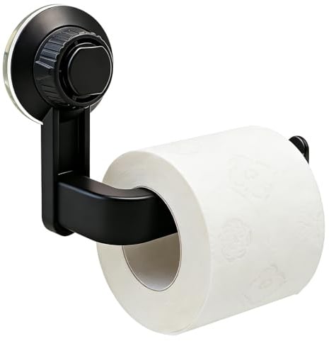 Suction Toilet Roll Holder No Drill Self Adhesive Toilet Paper Holder Wall Mounted Tissue Roll Dispenser with Strong Adhesiveness Waterproof Paper Hanger for Bathroom Kitchen, Black