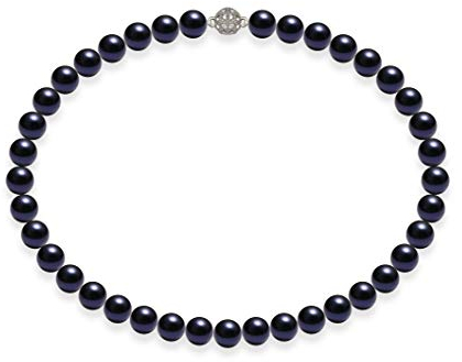 Schmuckwilli Perlenkette für Damen Magnetverschluß - 45cm Länge mit 10mm großen dunkel blauen runden Mallorca Perlen - Muschelkernperlen Kette für jeden Anlass - die Halskette Pearl Necklace für Frau