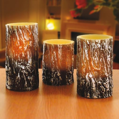 Burwells Set of 3 Woodland Bark-Effect Real Wax LED Candles – Battery Powered Faux Flameless Flickering Electronic Tree Trunk Design Pillar Candle Lights, Indoor Home Lighting Decoration – H10-15cm
