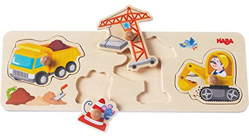 HABA 301943 - Greifpuzzle Auf der Baustelle, 4-teiliges Holzpuzzle mit bunten Baustellenmotiven und griffigen Holzknöpfen, Holzspielzeug ab 12 Monaten