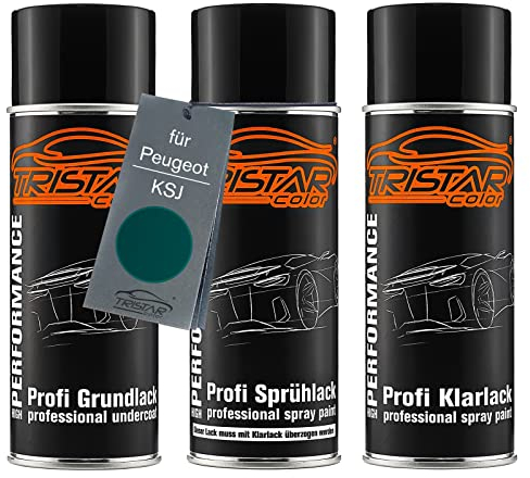 TRISTARcolor Autolack Spraydosen Set für Peugeot KSJ Vert Tie Break Metallic/Tie Break Grün Metallic Grundlack Basislack Klarlack Sprühdose 400ml