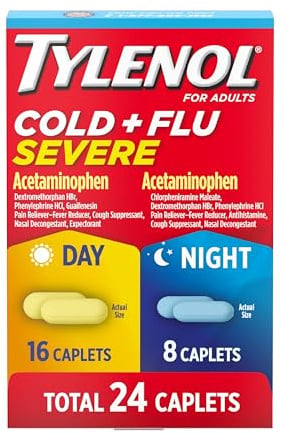 Tylenol Cold + Flu Severe Day & Night Caplets Combo Pack for Multi-Symptom Cold & Flu Symptom Relief, Cough, Sore Throat, and Headache Relief, Acetaminophen Pain Reliever, 24 ct