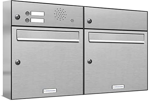 AL Briefkastensysteme 2er Briefkastenanlage mit Klingel, V2A Edelstahl, Premium Doppel-Briefkasten DIN A4, 2 Fach Postkasten modern Aufputz