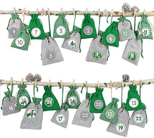Papierdrachen 24 Adventskalender Stoffsäckchen zum Befüllen 2025 – mit Bäckergarn und Klammern – Stoffbeutel zum selber Dekorieren – Geschenksäckchen - Landhausstil grün Nr 14